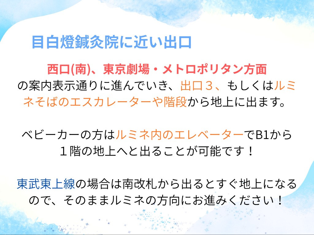 目白燈鍼灸院に近い出口の案内。西口（南）、出口3、ルミネ方面の地上への出方。