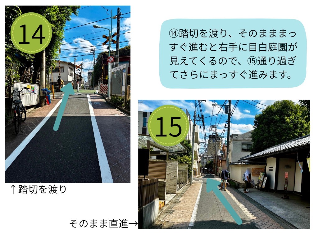 踏切を渡り、目白庭園の横を通り過ぎてまっすぐ進む案内。