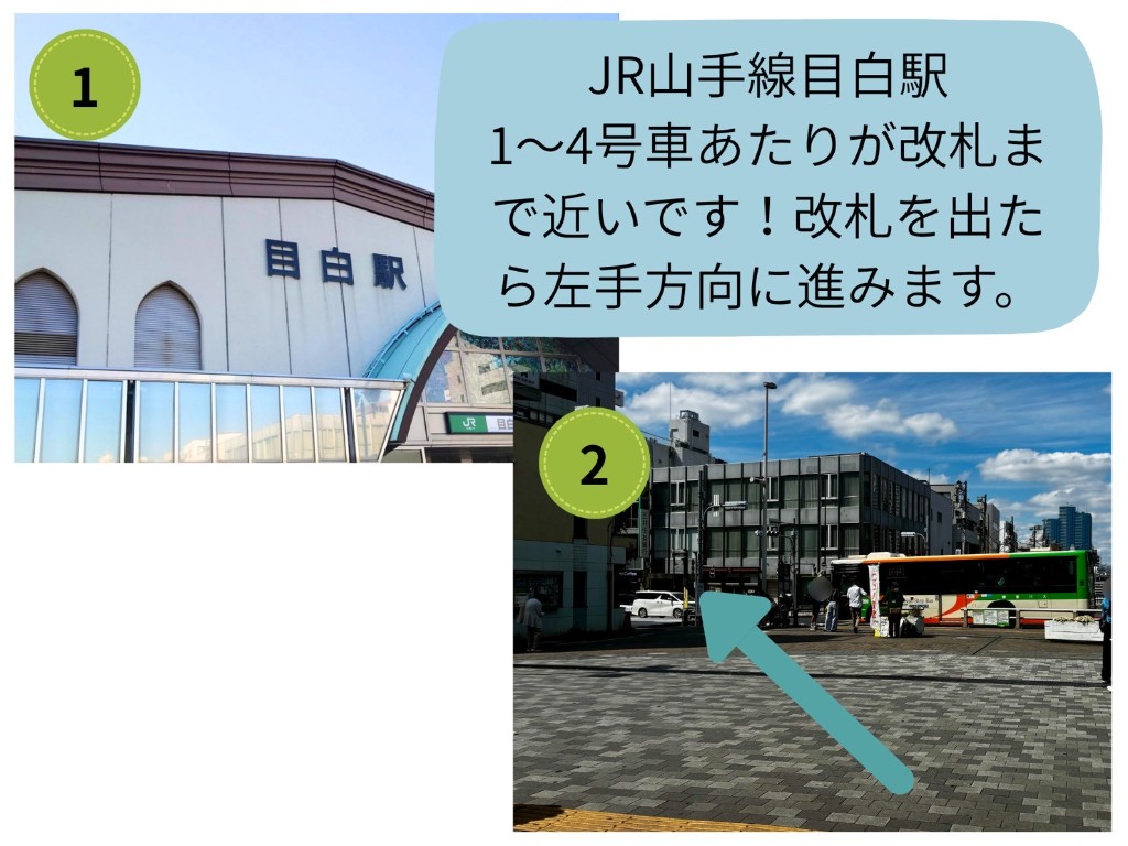 JR山手線目白駅1〜4号車あたりが改札まで近い案内と、改札を出て左手方向に進む案内。目白駅外観と駅前広場が写っています。