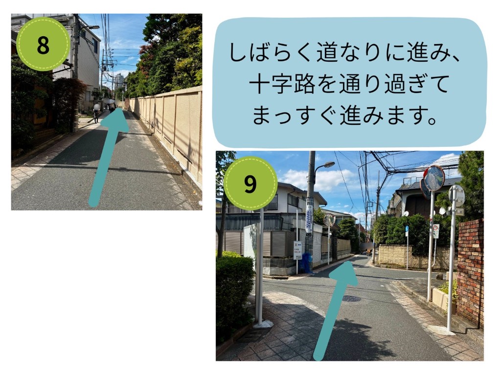 しばらく道なりに進み、十字路を通り過ぎてまっすぐ進む案内。住宅街の道が写っています。