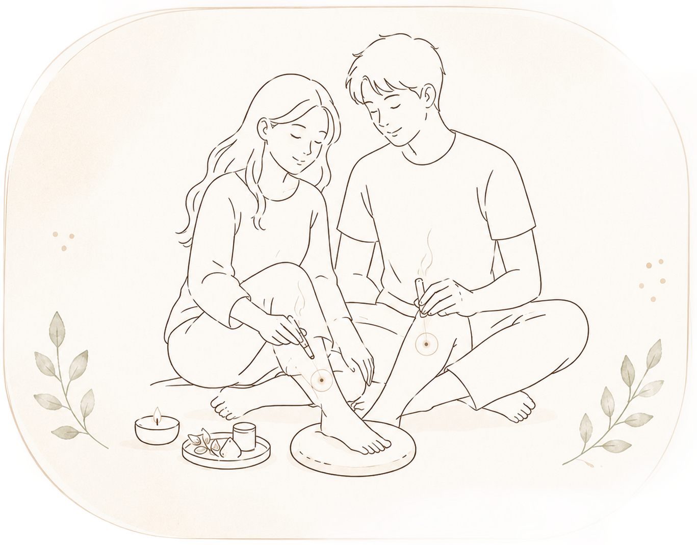 ご夫婦でご自宅のお灸に取り組む温活セルフケアのイラスト
