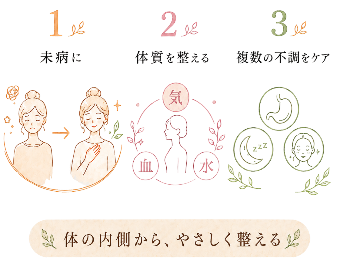 漢方の活用メリットを示すイラスト。未病への対応、気・血・水のバランスで体質を整えること、複数の不調をまとめてケアできること。体の内側からやさしく整える。