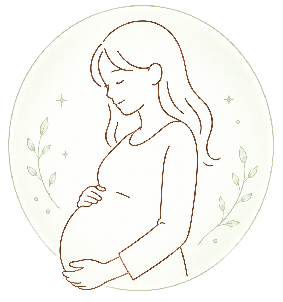 妊娠中の女性がお腹を優しく撫でている線画イラスト。