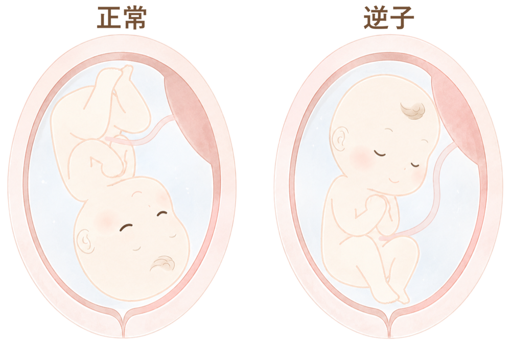 頭位（正常な胎位）と骨盤位（逆子）の違いを説明するイラスト。