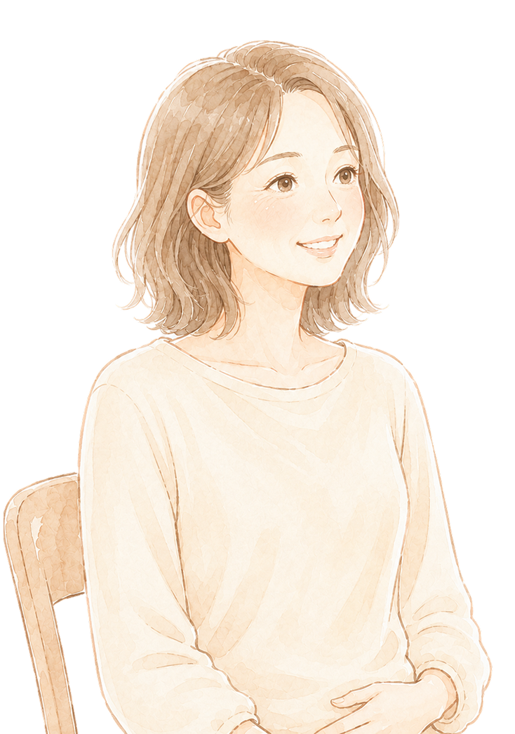 椅子に座って微笑む女性のイラスト。
